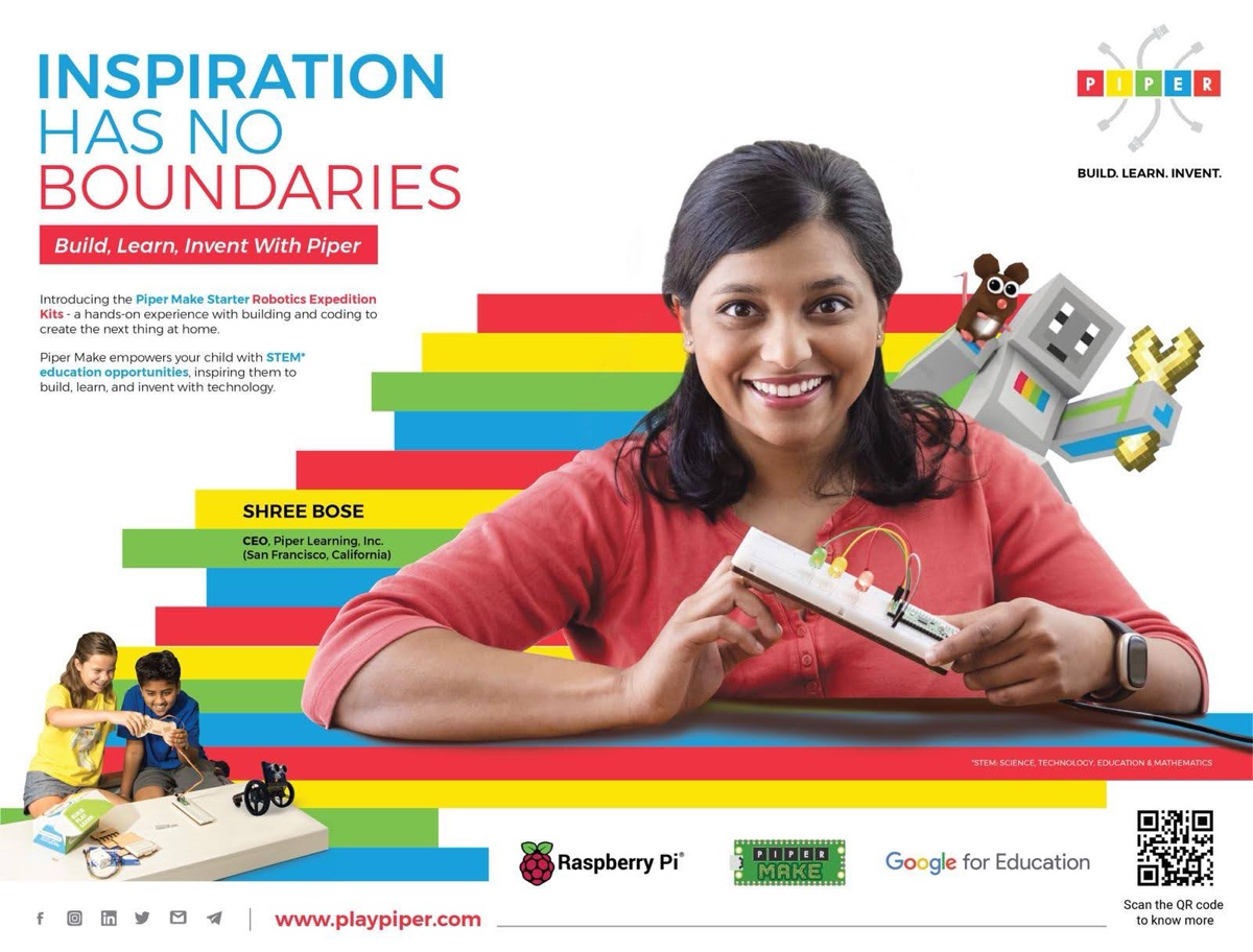 Piper Learning Inspiration Has No Boundaries marketing graphic featuring Shree Bose with Piper Make products